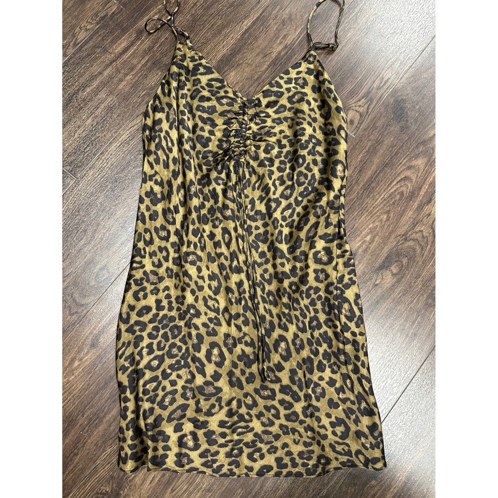 ZARA Satin Effect Leopard Print Ruched Front Mini Slip Dress - Size M